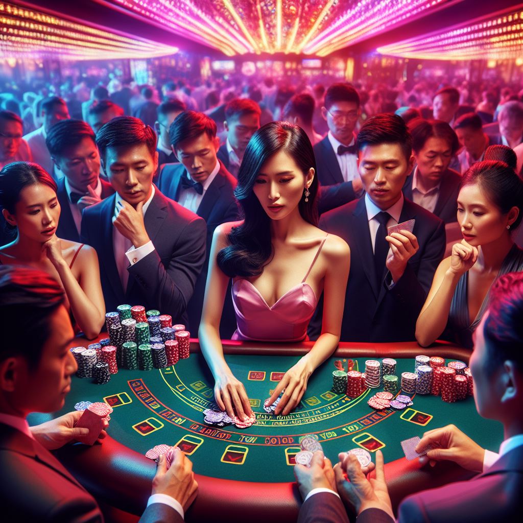 dealer cantik sedang melayani para pemain baccarat di bimabet live casino